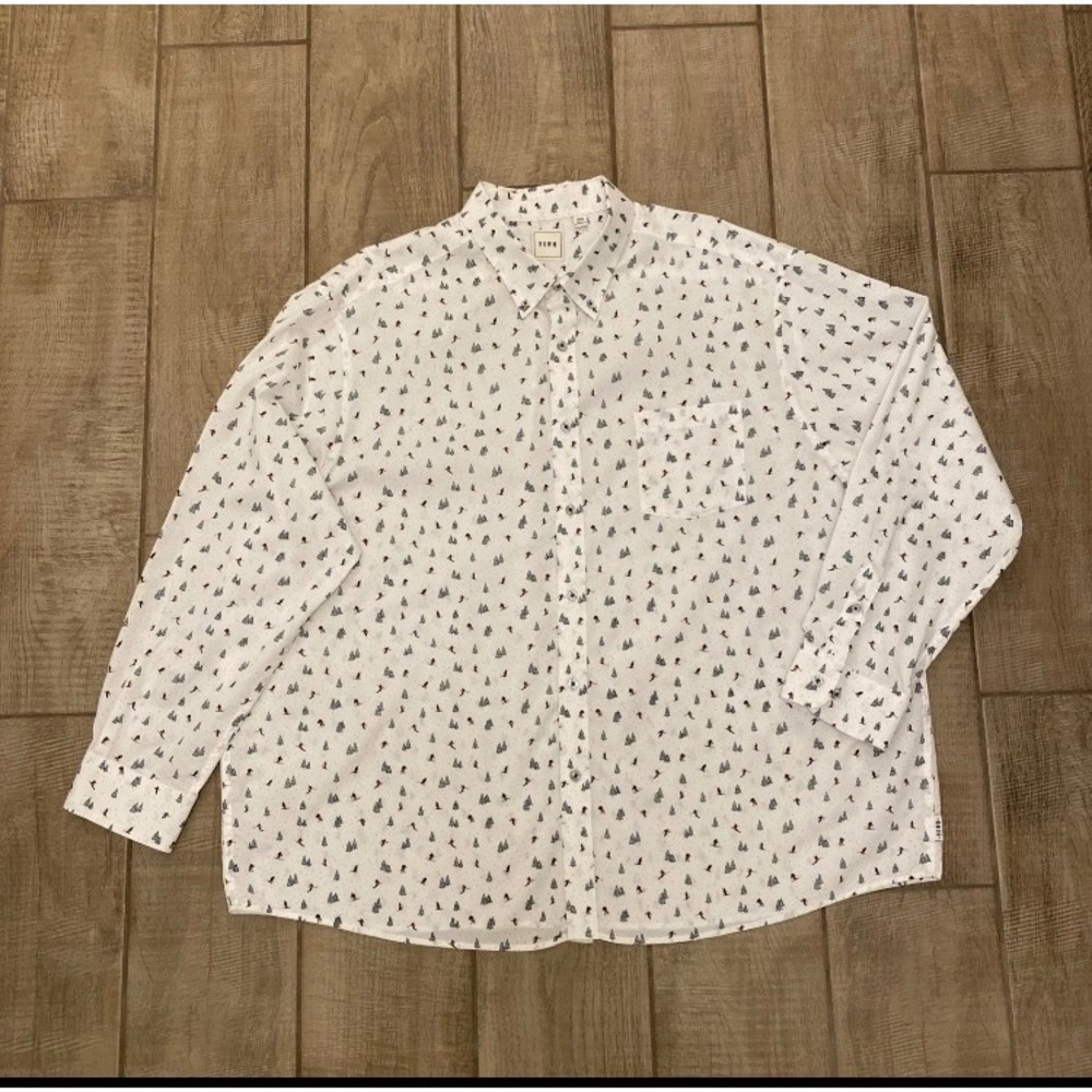 ROWM Shirt Men 3XB White Long Sleeve Cotton Pine Trees Snow Ski Skiers Skiing